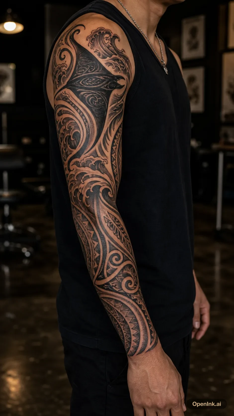 Full sleeve neo tribal manta ray and wave tattoo concept.