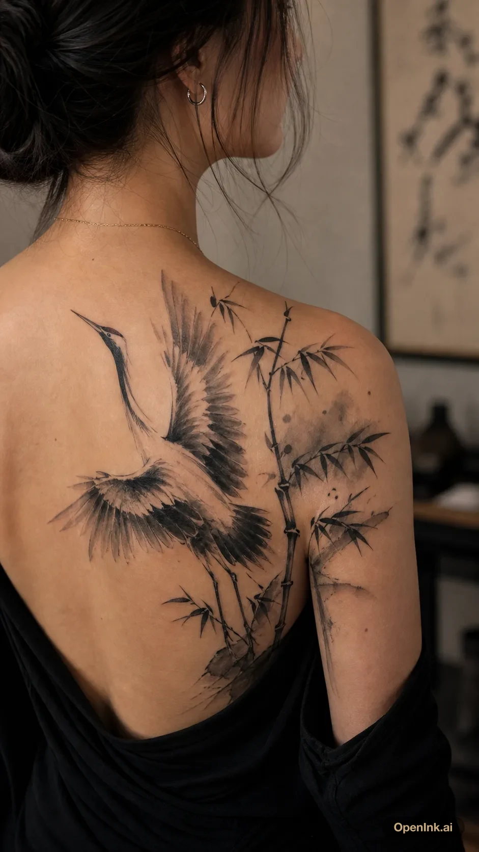 Sumi-e ink wash crane and bamboo tattoo for the right shoulder.