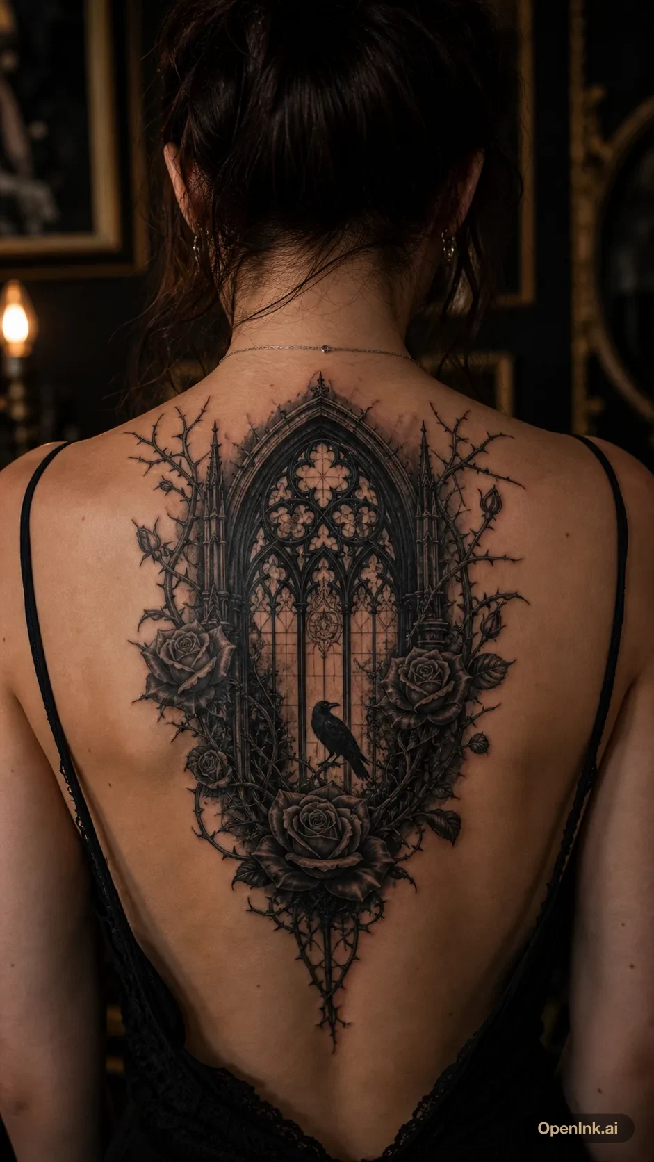 Dark gothic cathedral, raven, and roses tattoo concept for the upper back.