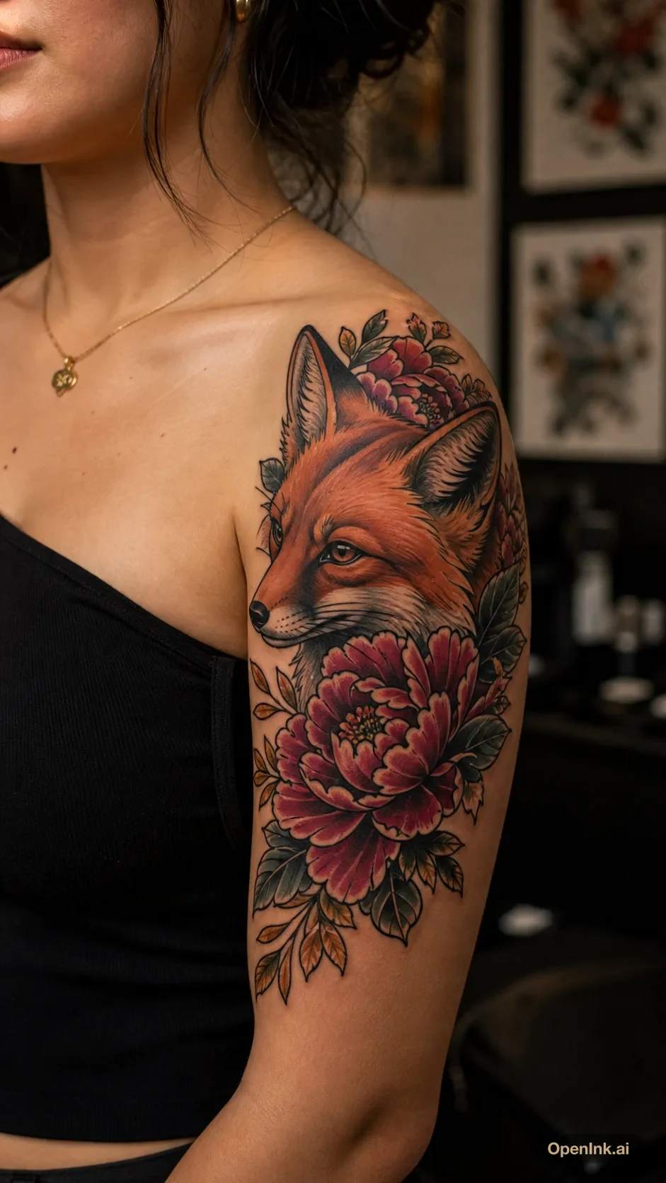 Neo traditional fox and peony tattoo concept for the left shoulder.