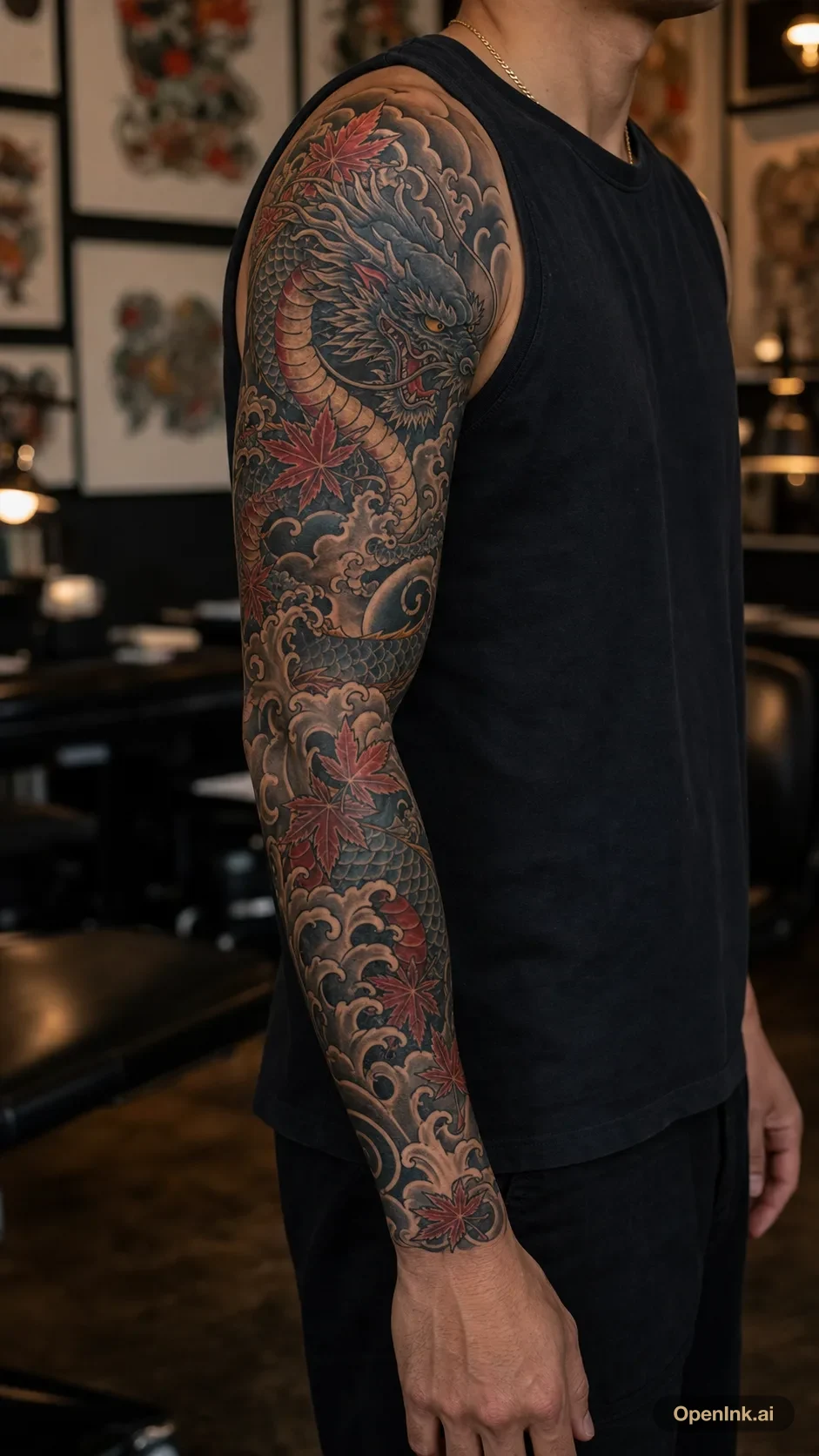 Japanese dragon, waves, and maple leaves tattoo concept for a full arm sl...