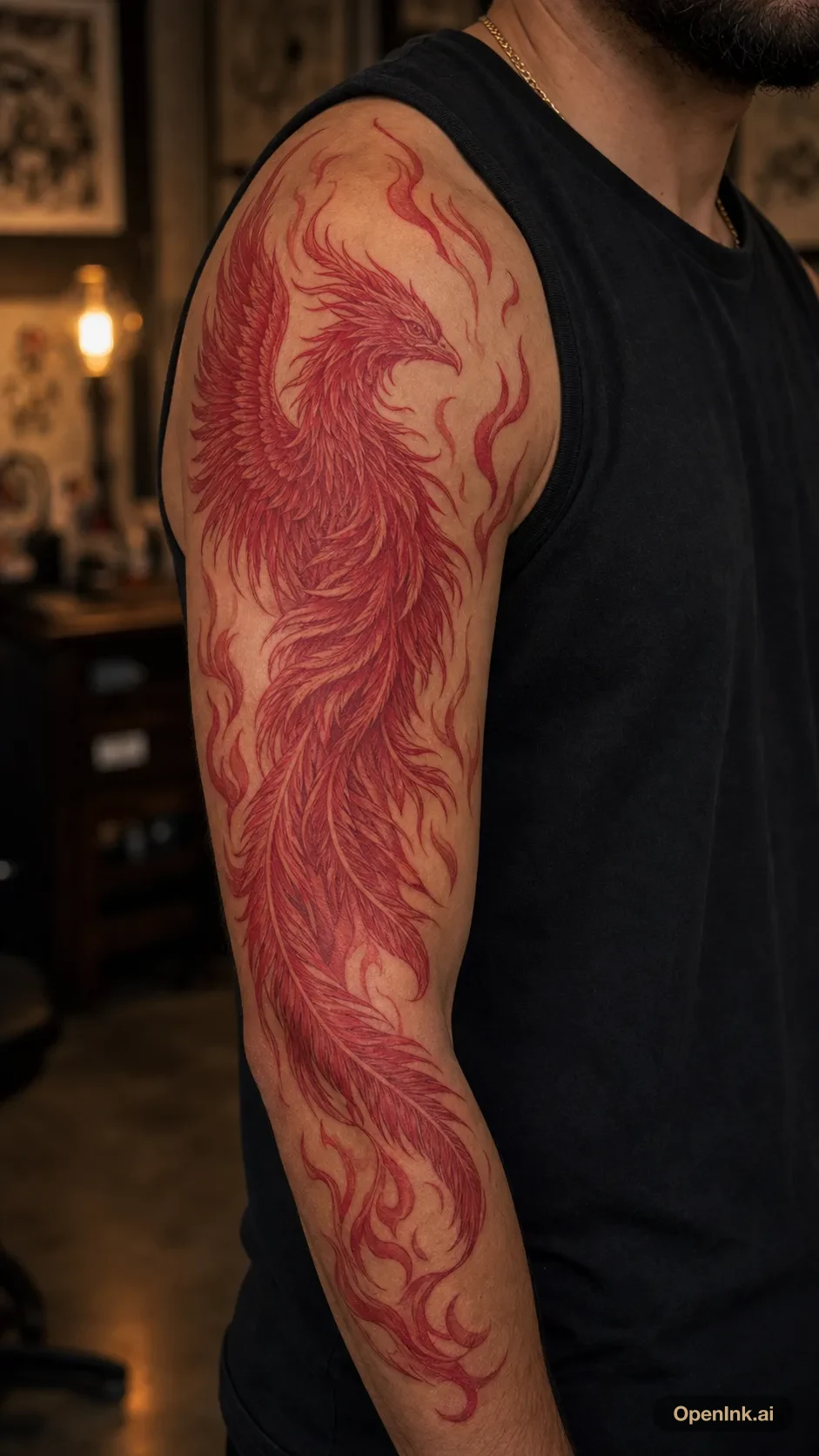 Red ink phoenix feather and flame tattoo for the right shoulder.