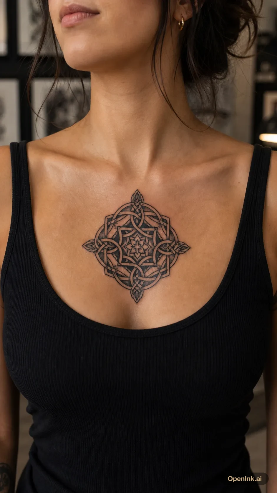 Celtic knot mandala tattoo centered high on the chest.