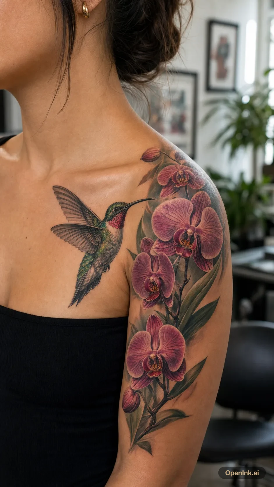 Color realism hummingbird and orchid tattoo for the left shoulder.