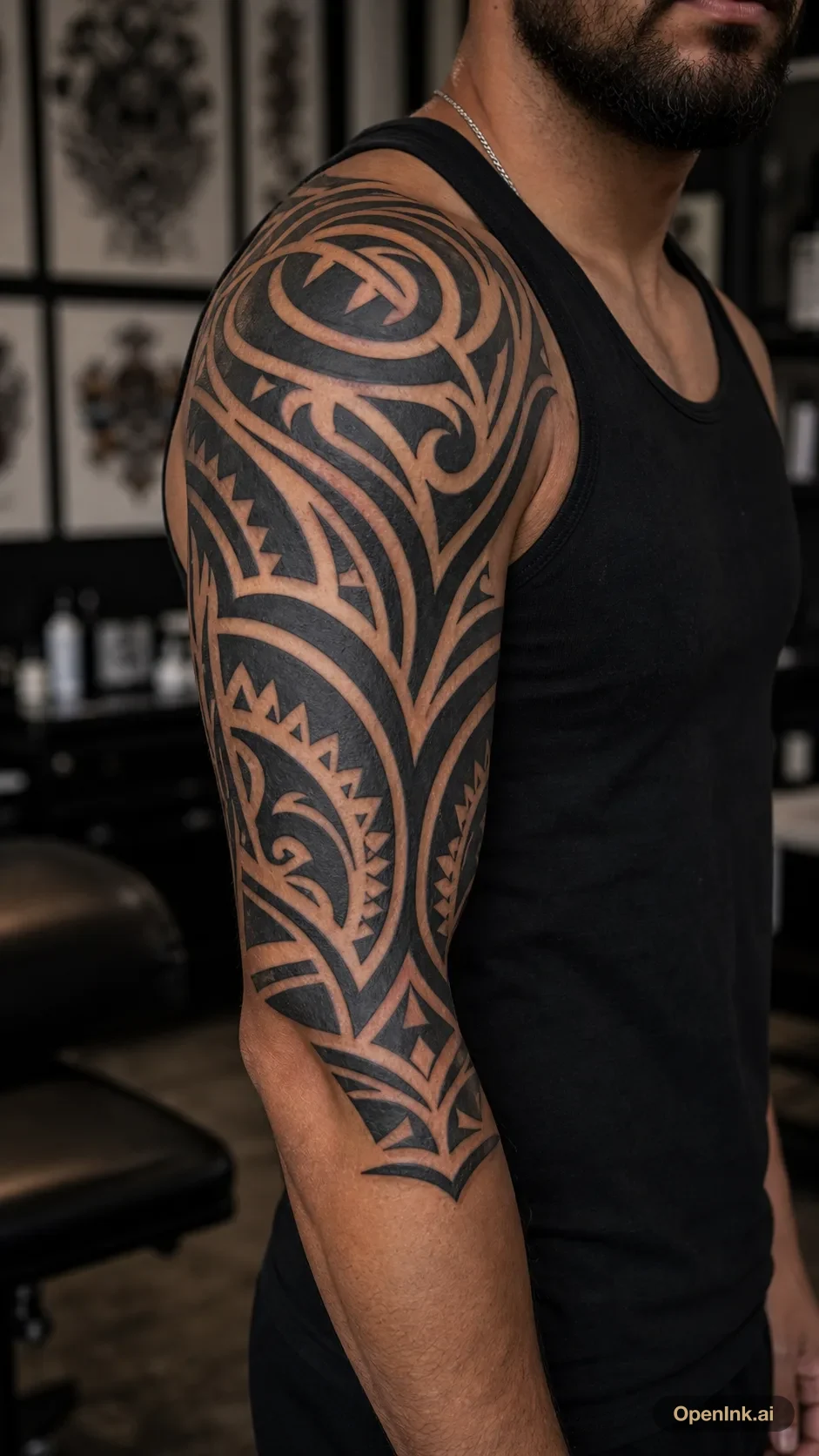 Bold tribal blackwork wrapping the upper arm and shoulder.