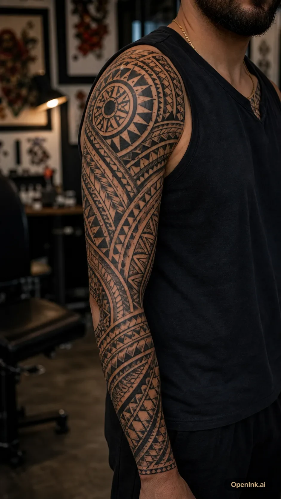 Polynesian shoulder-to-arm sleeve tattoo with bold rhythmic geometry.