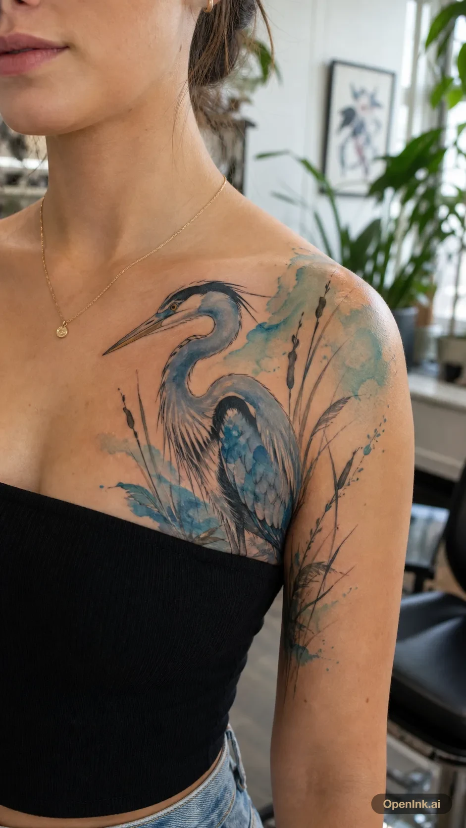 Watercolor blue heron and reeds tattoo for the left shoulder.