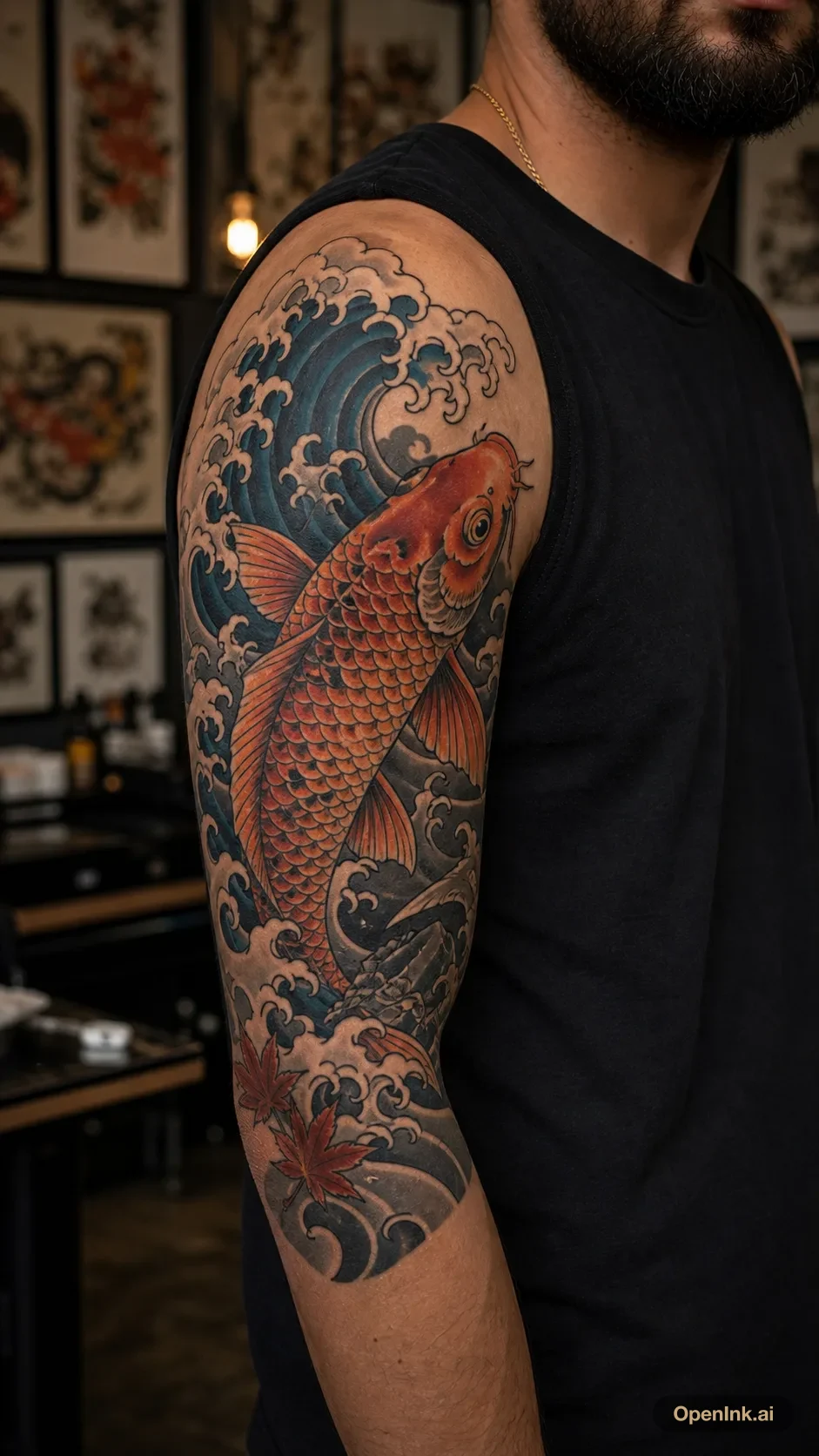 Ukiyo-e koi fish and wave tattoo wrapping the upper arm.