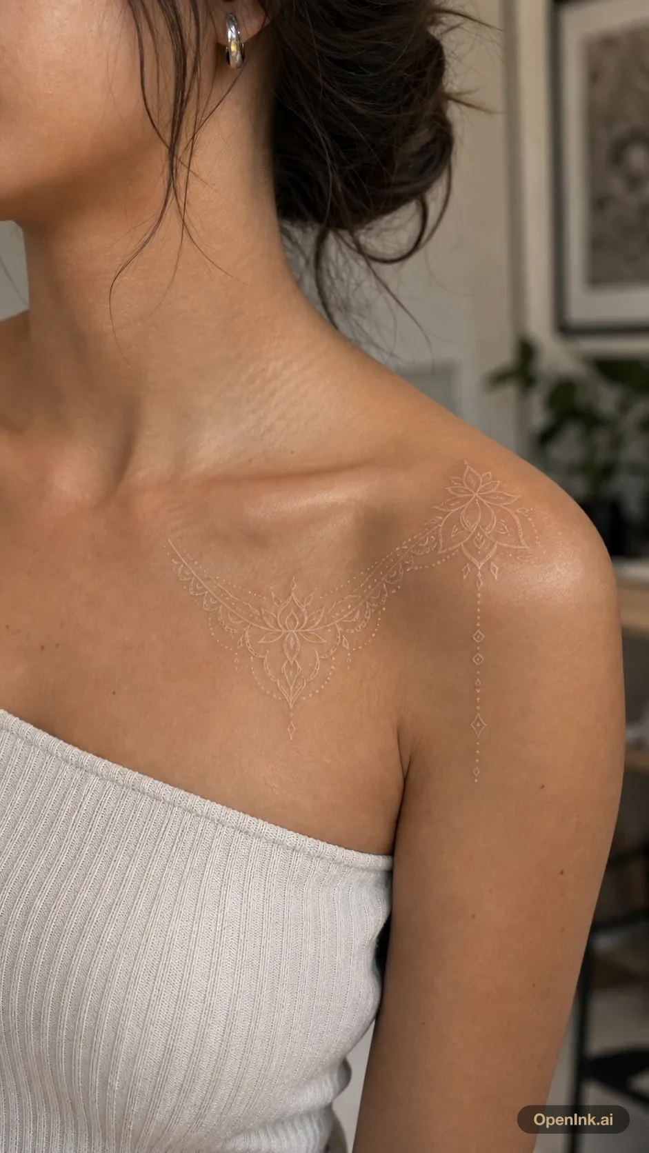 Subtle white ink ornamental tattoo along the left collarbone and shoulder.