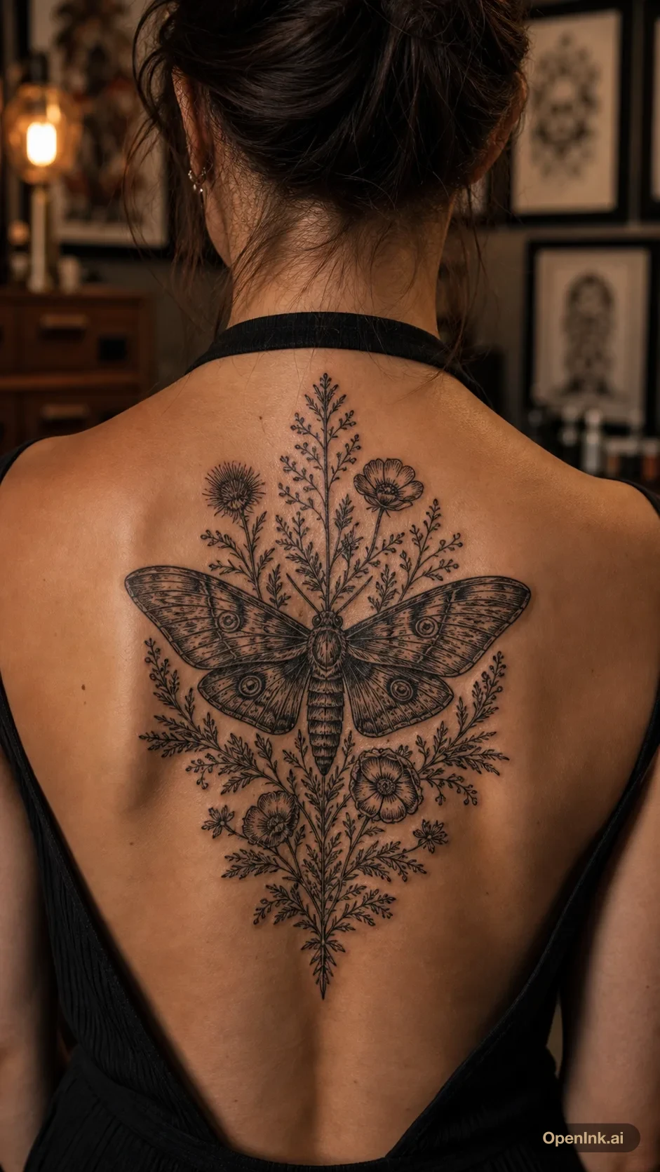 Woodcut moth and wildflower tattoo centered on the upper back.