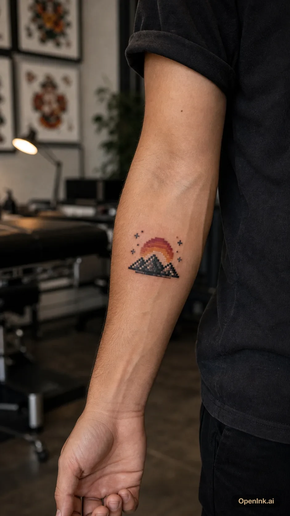 Small pixel art mountain sunset tattoo on the inner forearm.