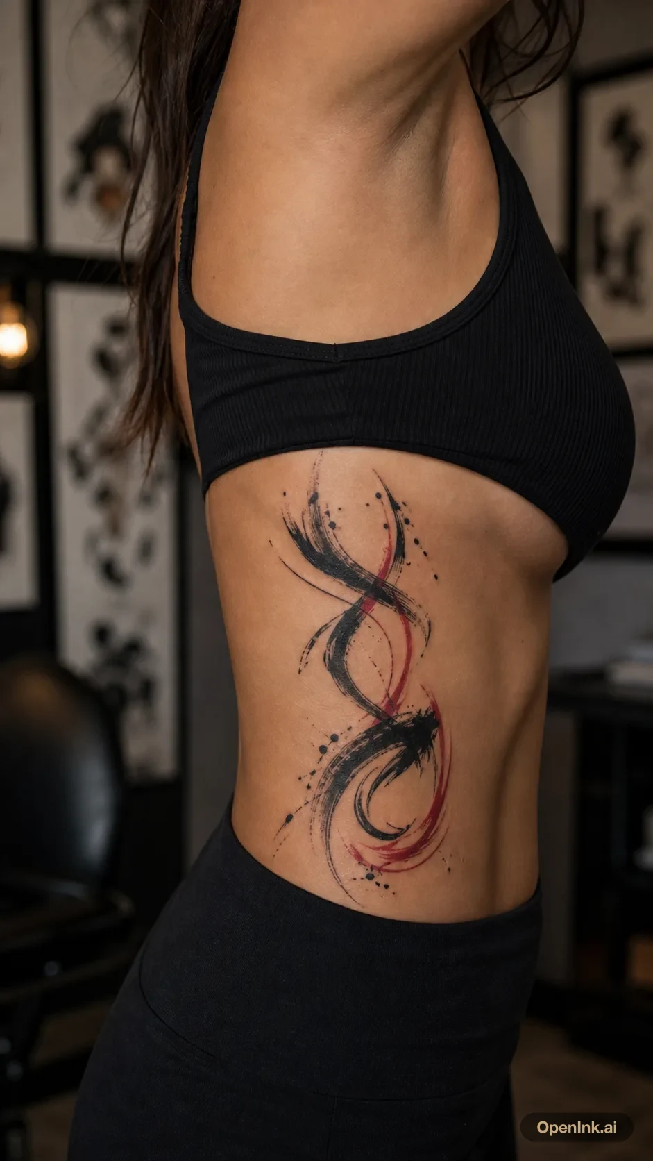Abstract black and red brushwork tattoo on the side torso and ribcage.