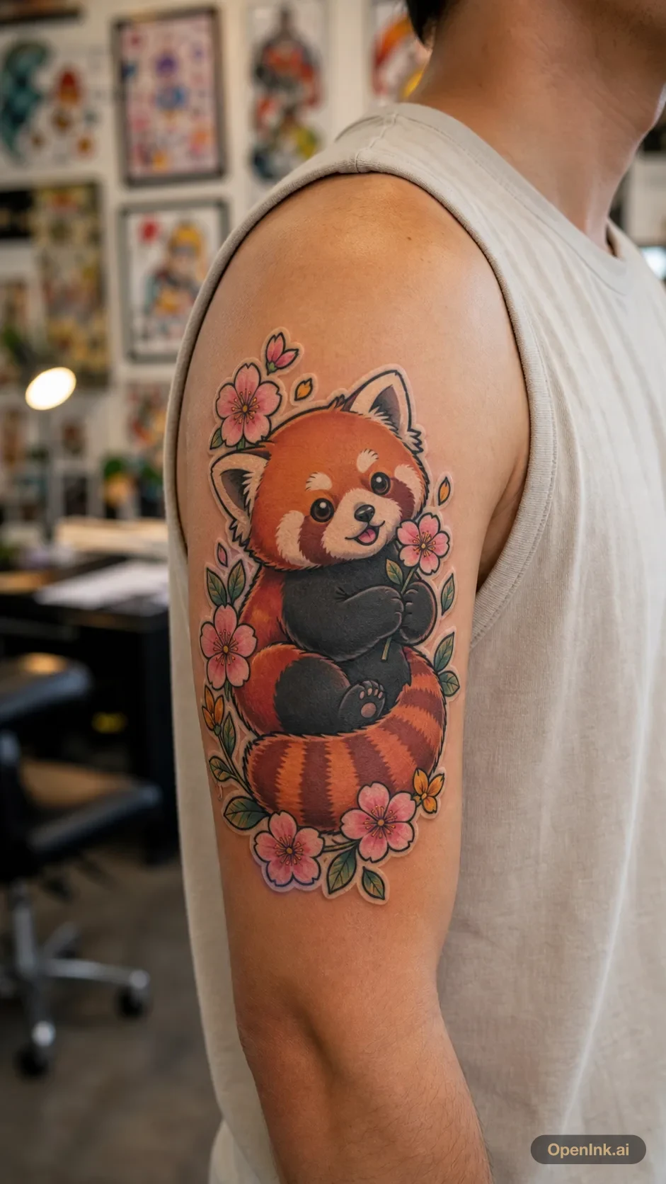Sticker style red panda and flowers tattoo on the upper arm.