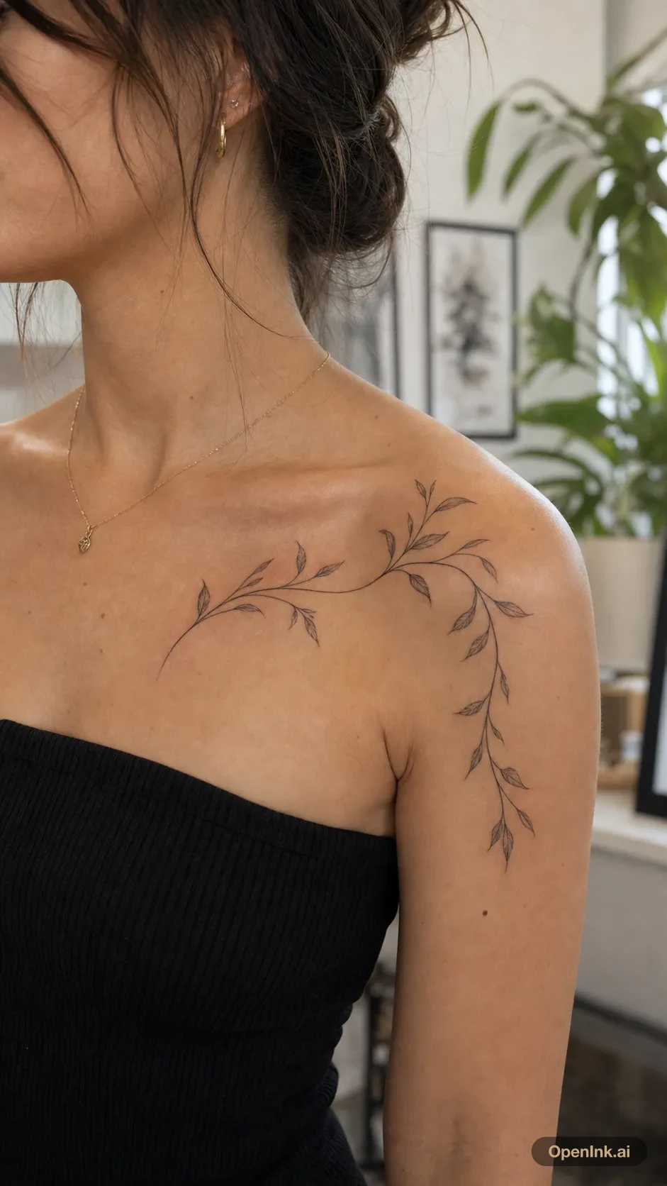 Fine line botanical vine tattoo flowing from collarbone to left shoulder.