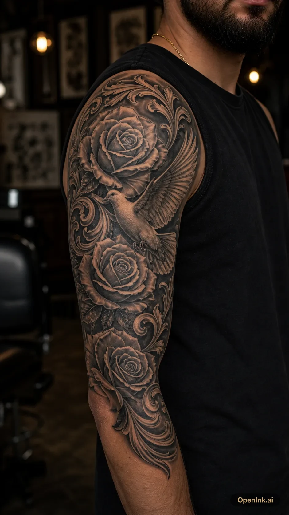 Chicano black and grey rose, dove, and scrollwork tattoo for the upper arm.