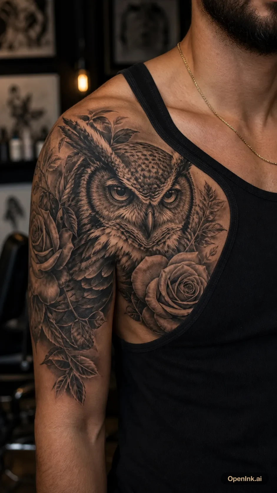 Black and grey realism owl and rose tattoo concept for the right chest.
