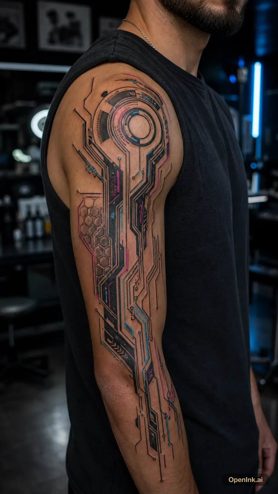 Cyberpunk circuitry tattoo concept for the upper arm and shoulder.