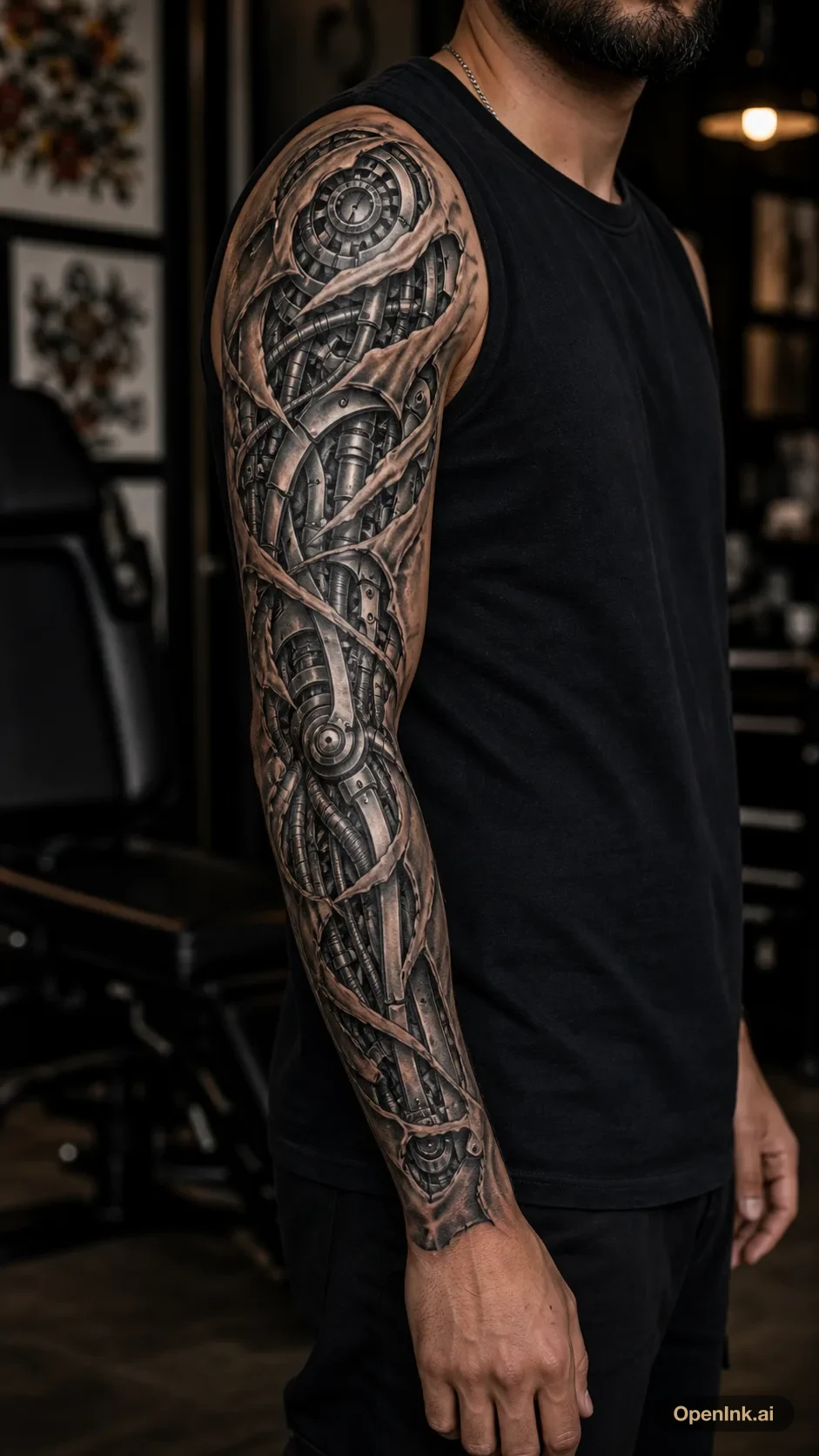Biomechanical full arm sleeve tattoo with layered mechanical structures.