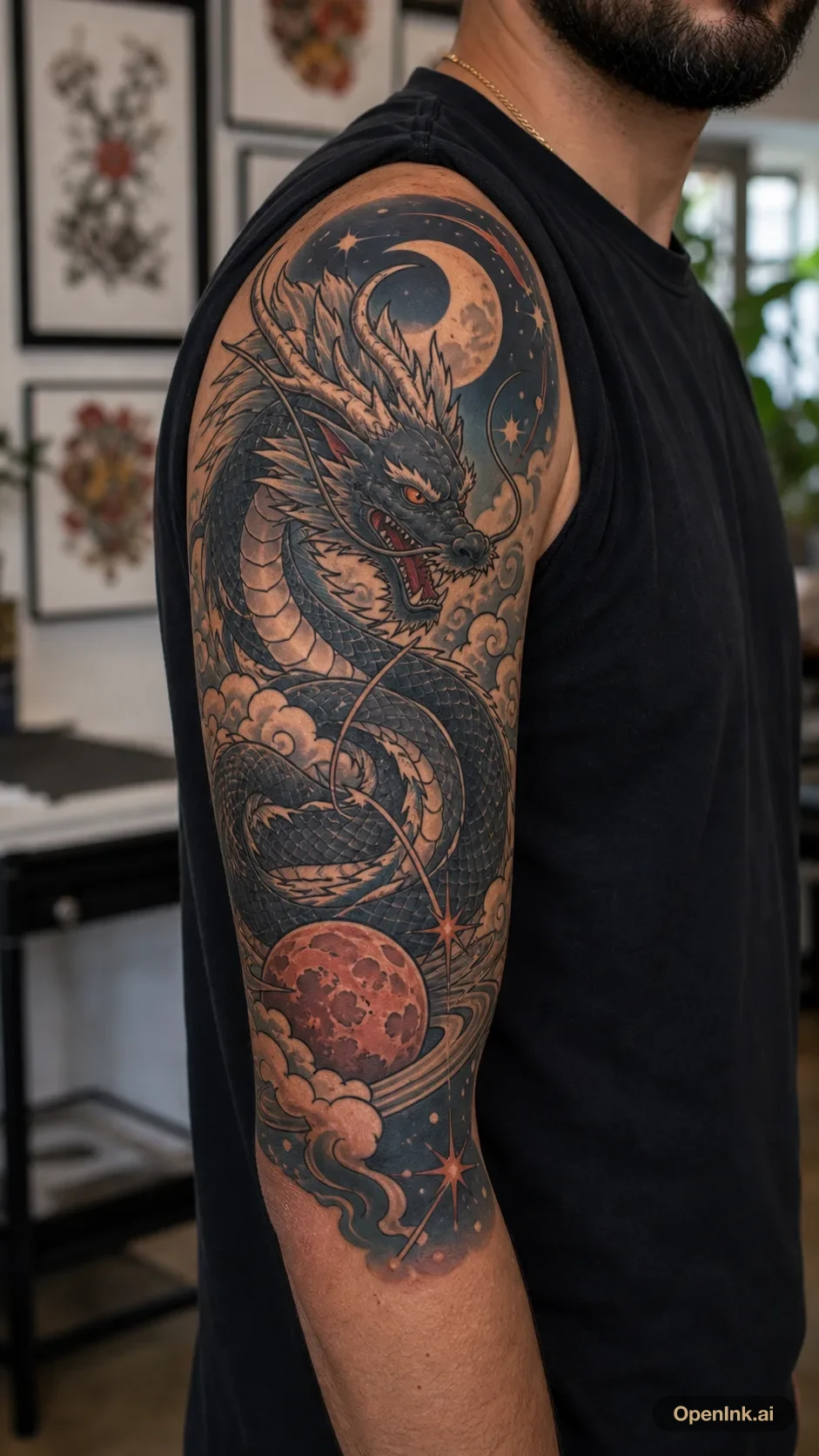 Anime-inspired celestial dragon tattoo concept for the upper arm.