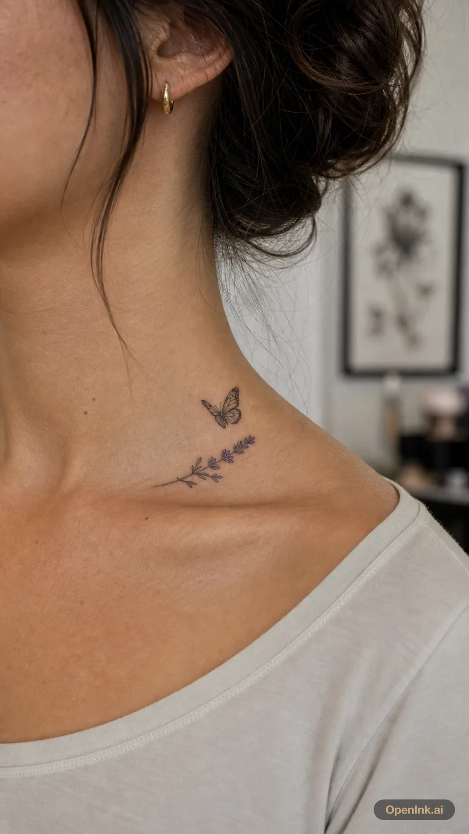 Micro realism butterfly and lavender sprig tattoo near the side neck and...