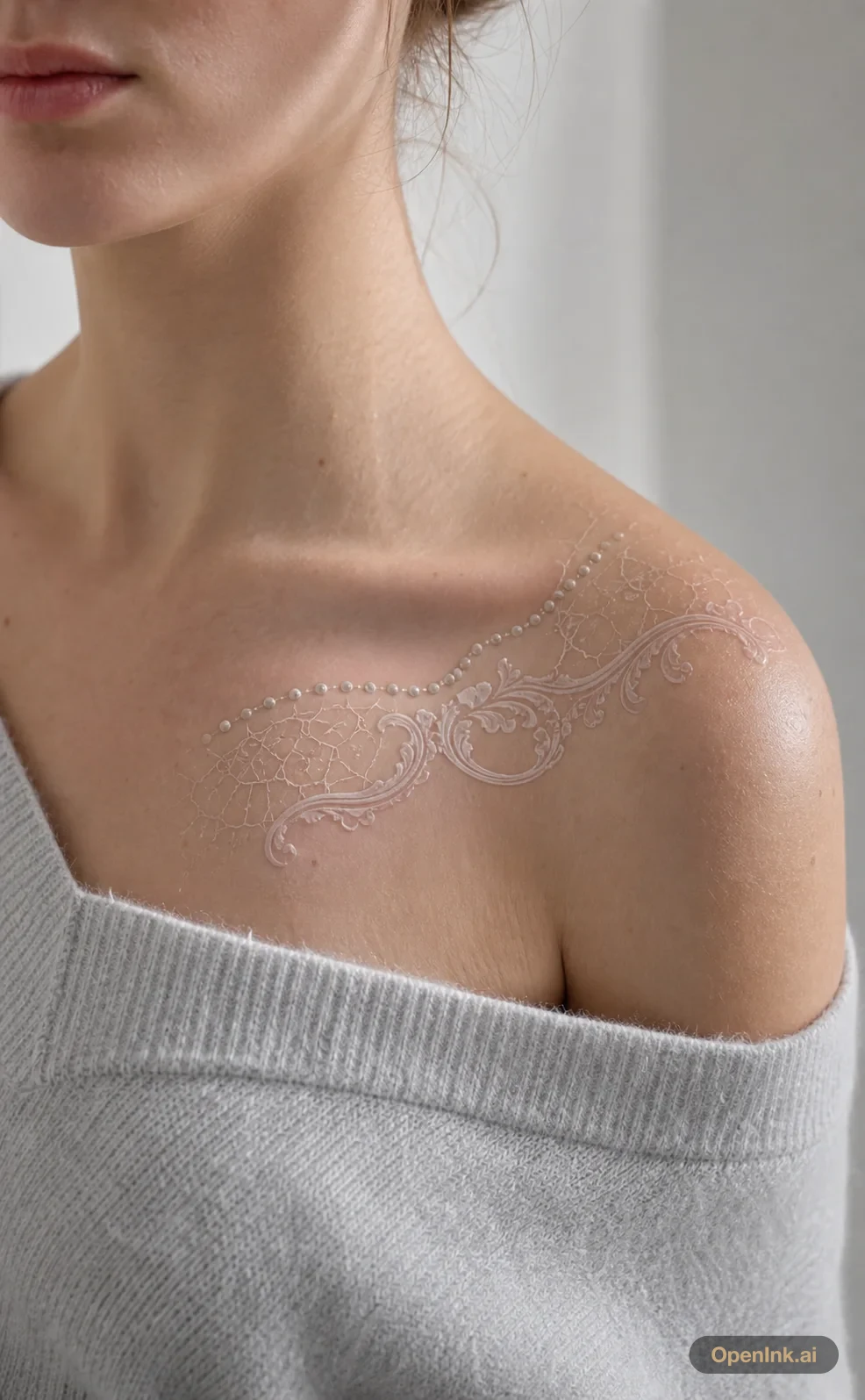 Subtle white ink ceramic lace tattoo along the left collarbone.