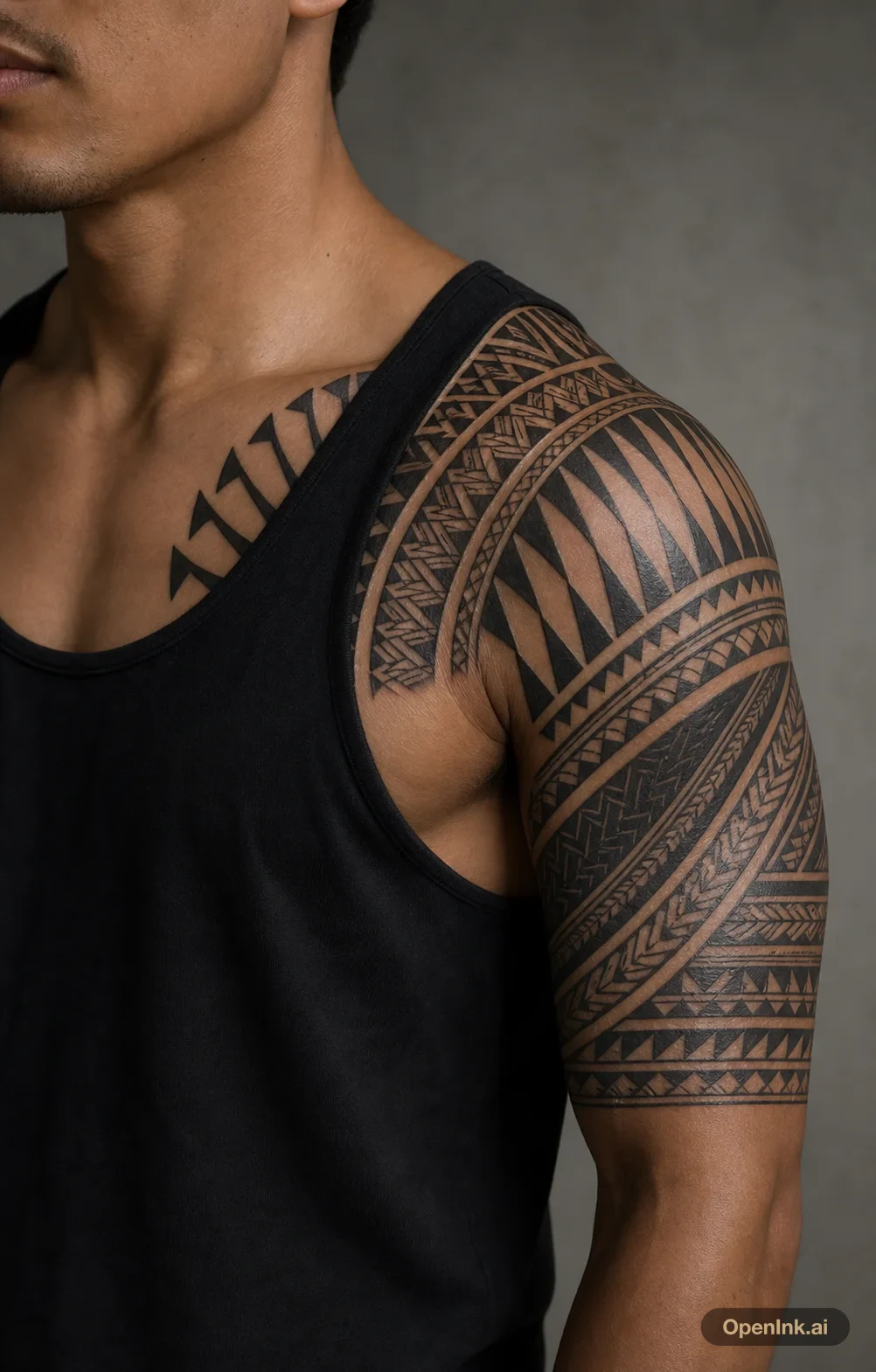 Polynesian shoulder armor tattoo wrapping onto the upper arm.