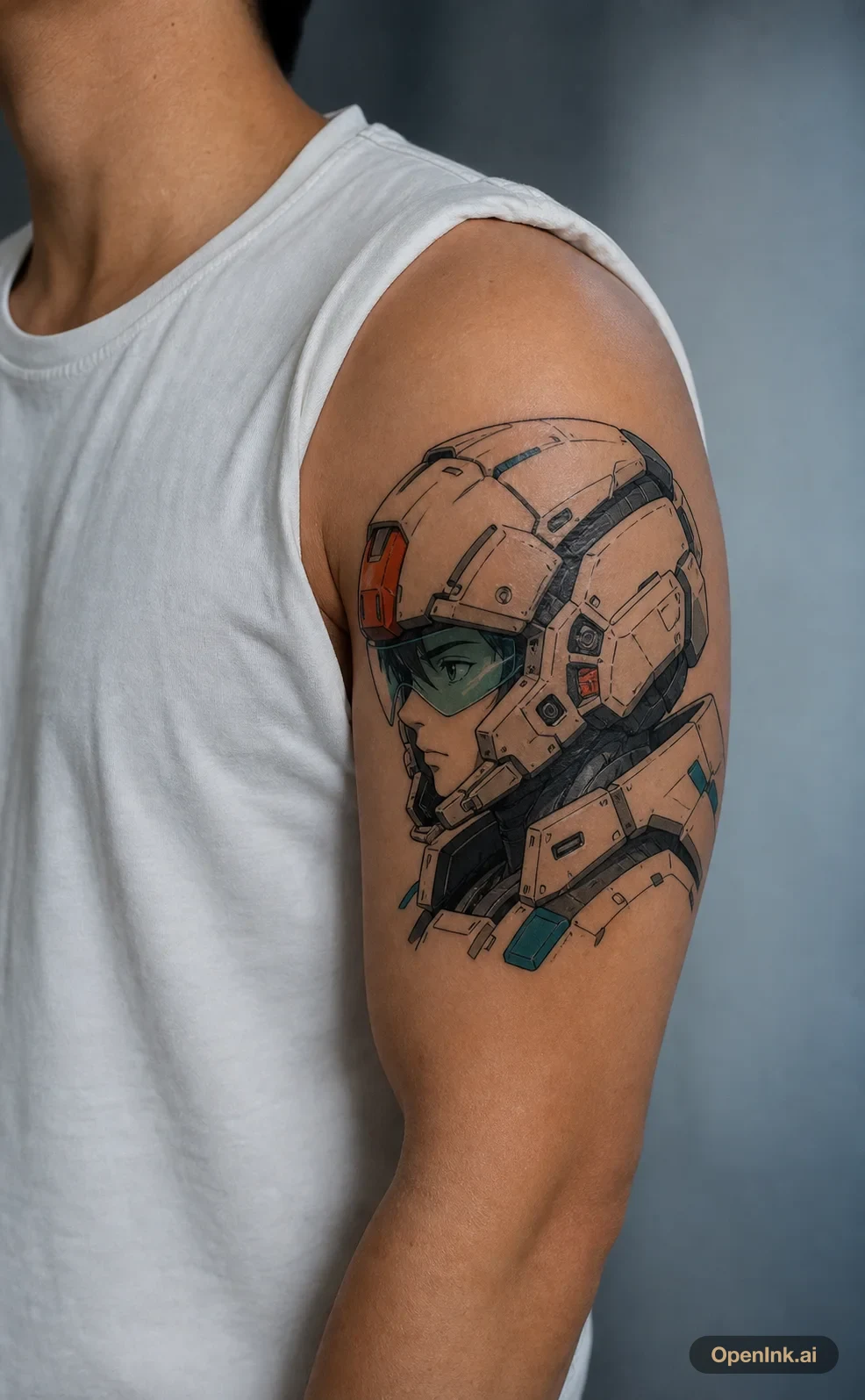 Anime mech pilot helmet tattoo on the upper arm.