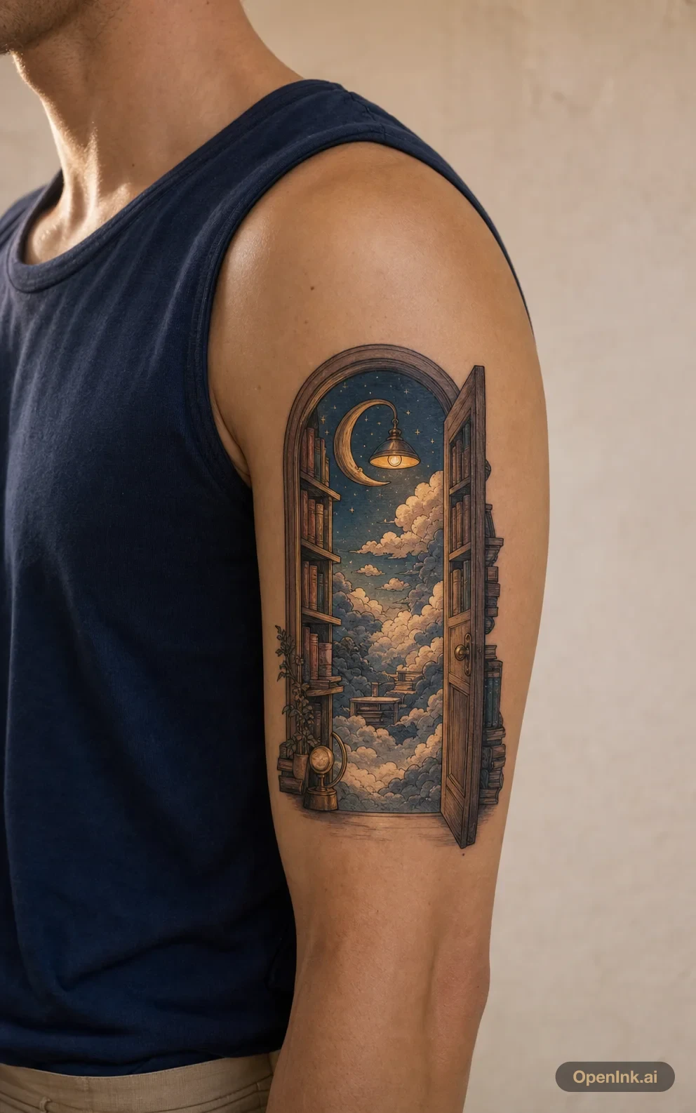 Illustrative library doorway tattoo on the upper arm.