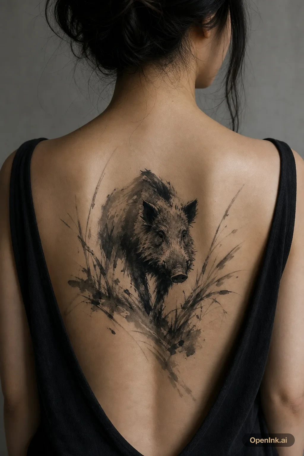 Sumi-e wild boar and tall grasses tattoo on the upper back.