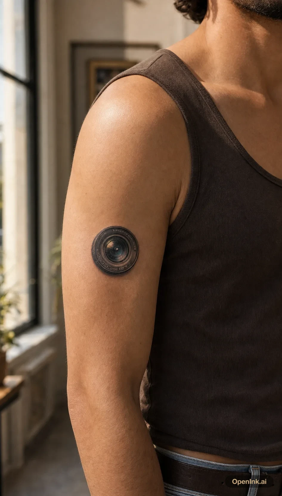 Micro realism vintage camera lens tattoo on the upper arm.