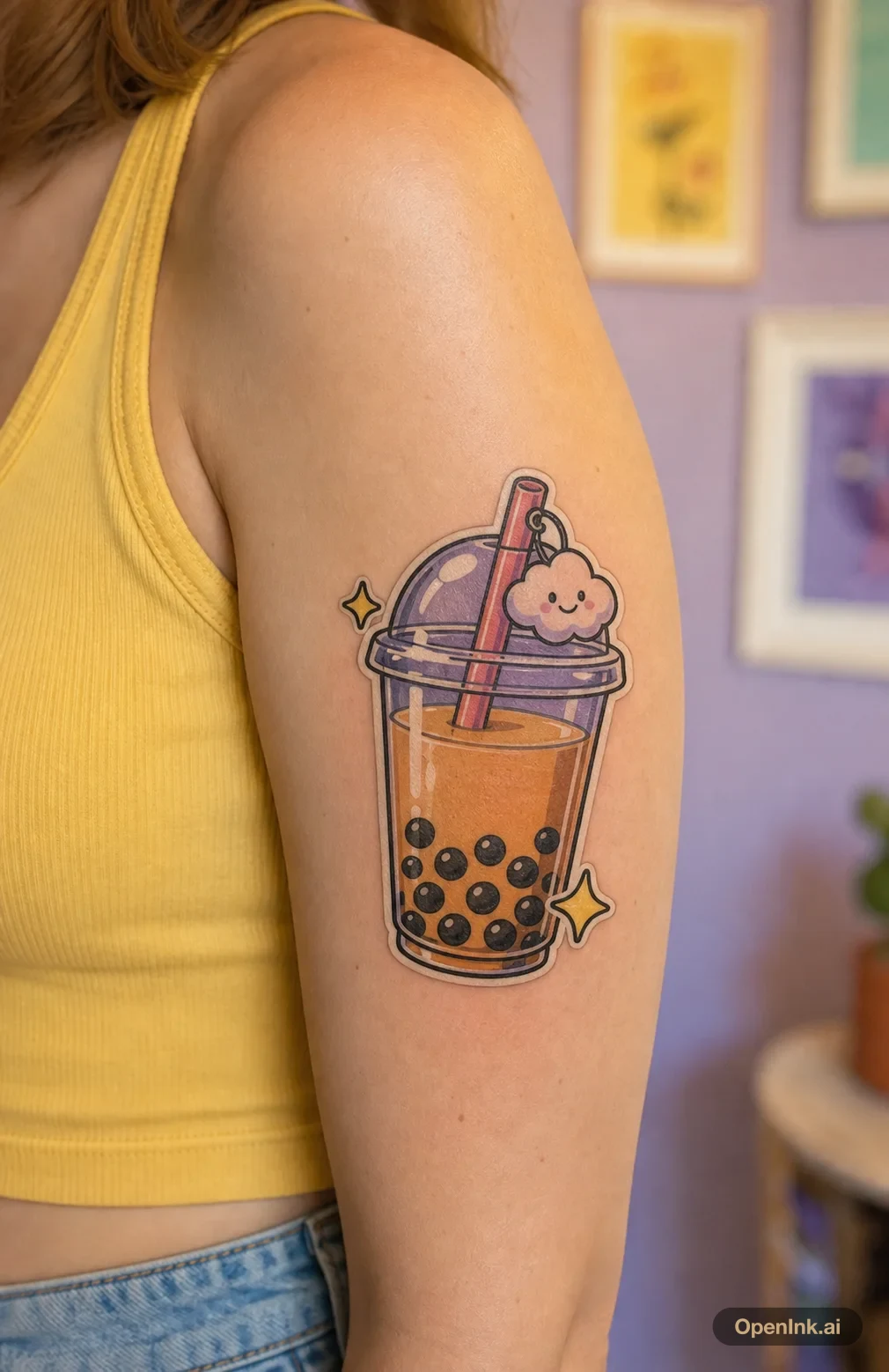 Sticker style bubble tea tattoo on the upper arm.