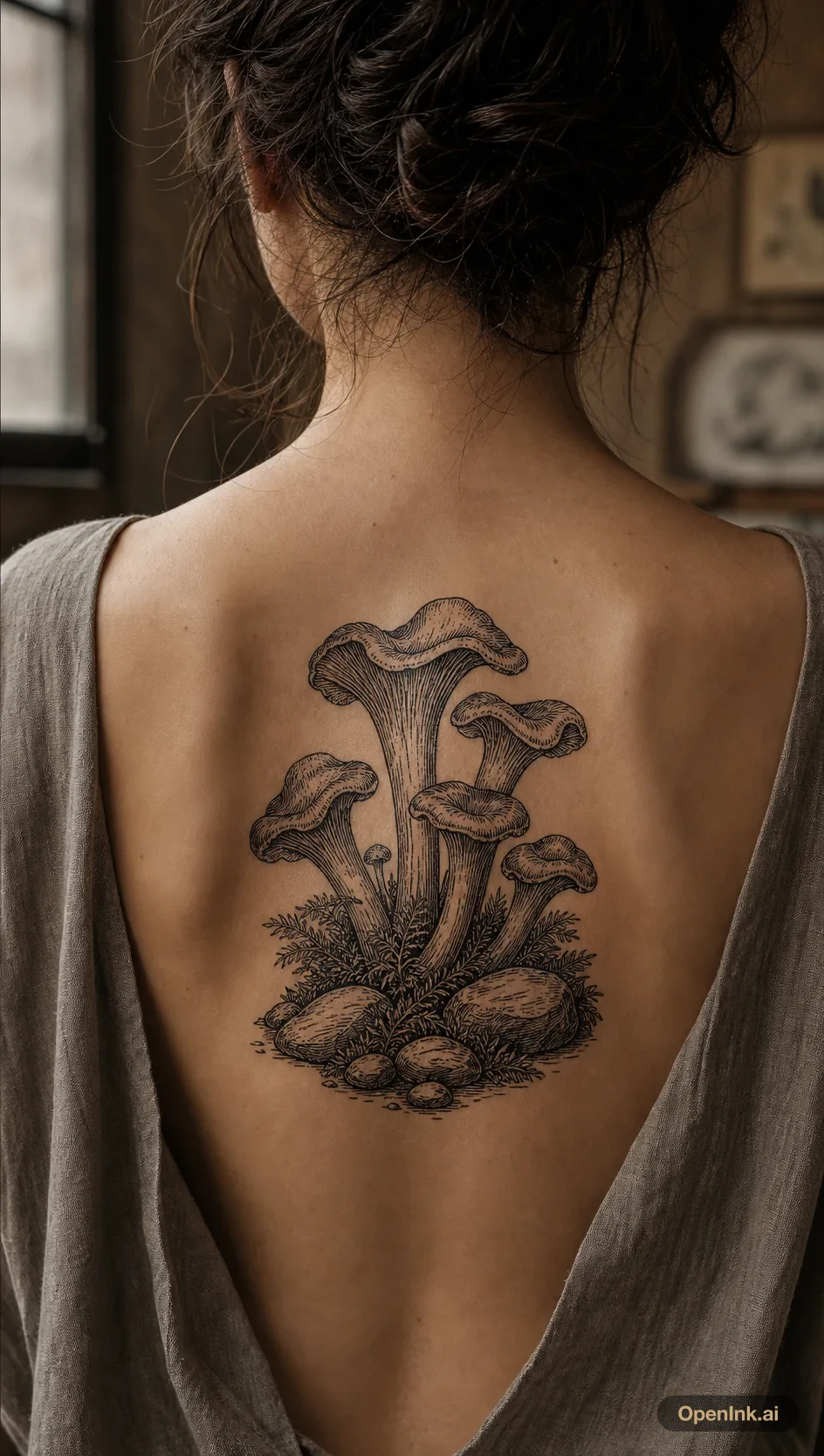 Woodcut chanterelle mushroom tattoo centered on the upper back.