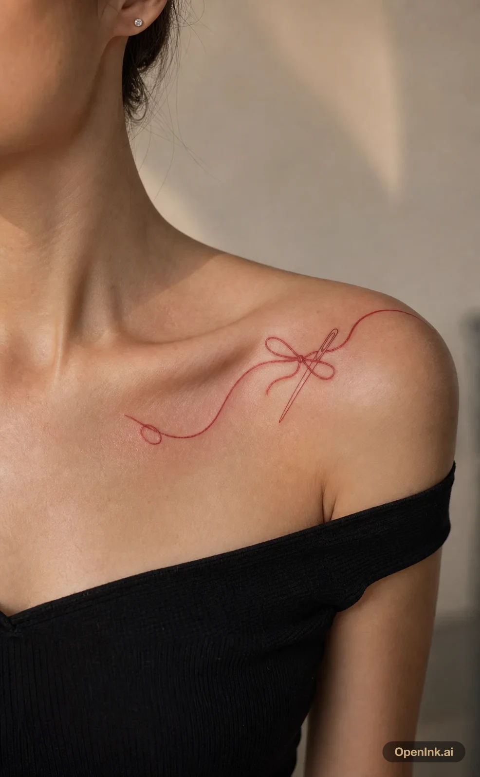 Red ink thread bow tattoo along the right collarbone and shoulder.