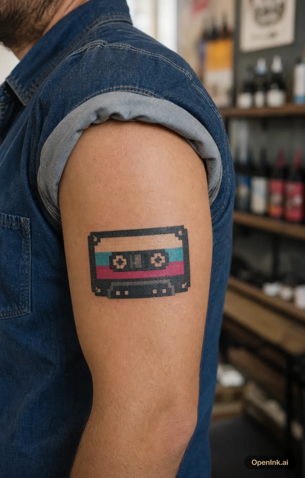 Pixel art retro cassette tape tattoo on the upper arm.