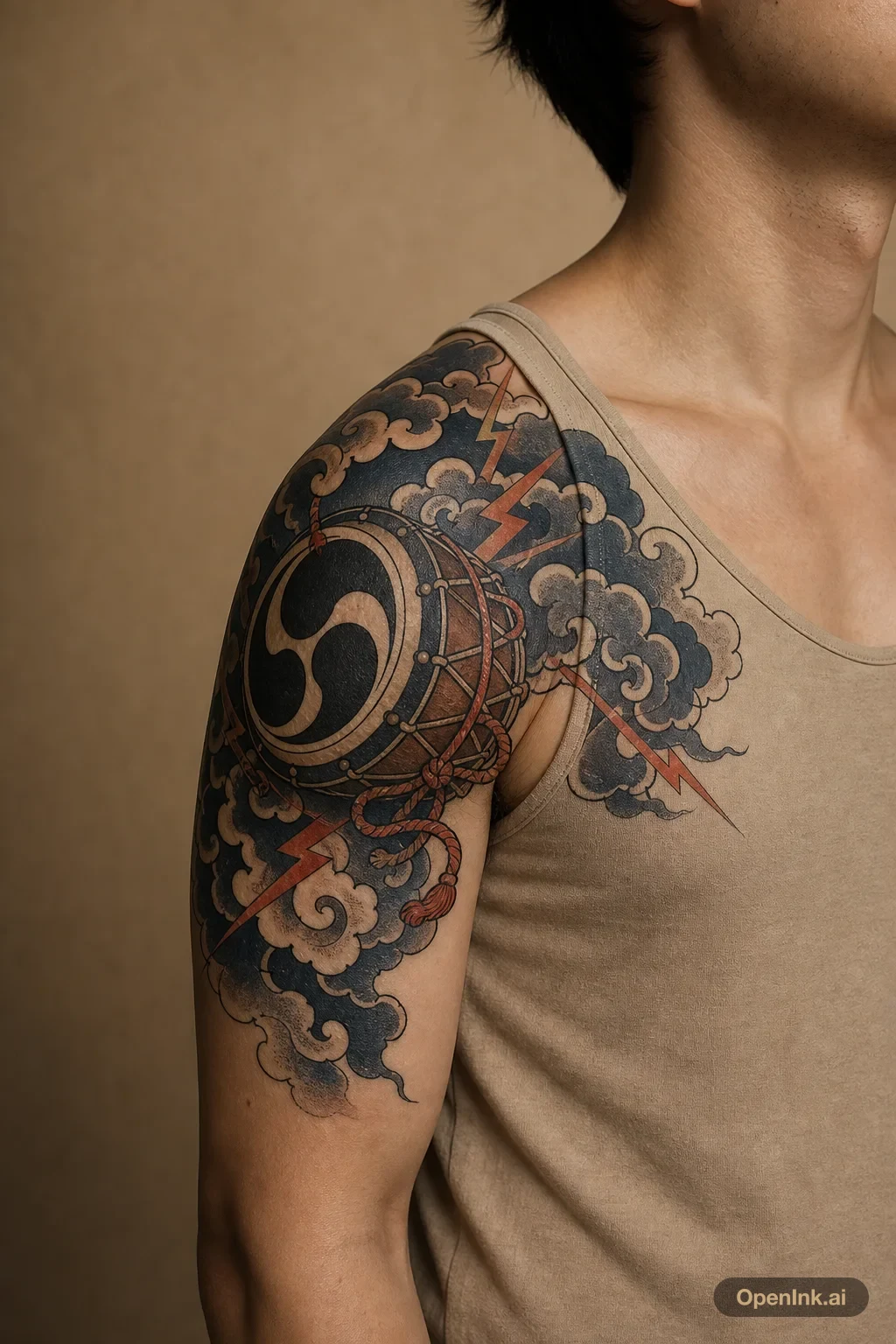 Ukiyo-e thunder drum and storm cloud tattoo on the right shoulder.