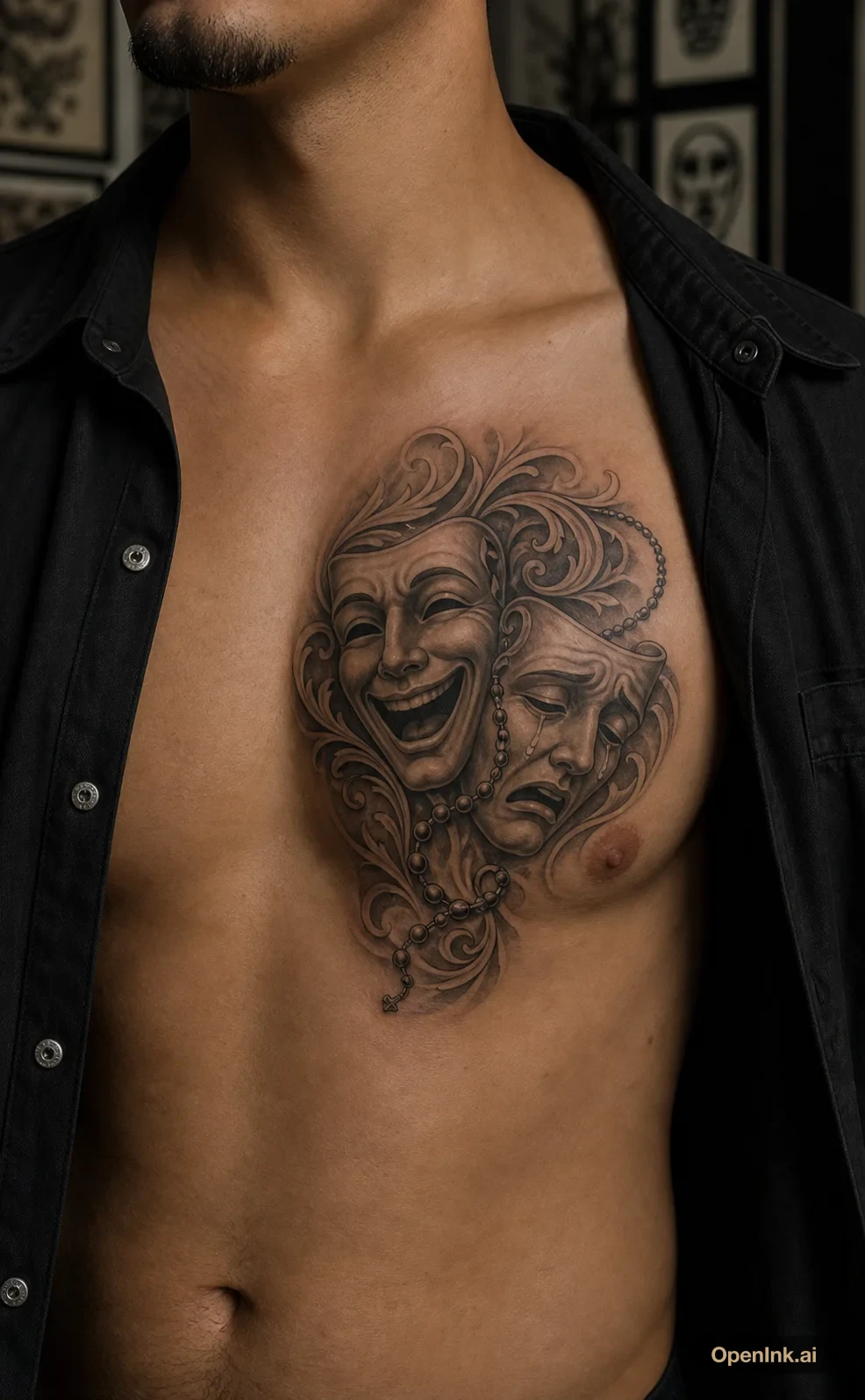 Chicano theatre mask tattoo on the right chest.