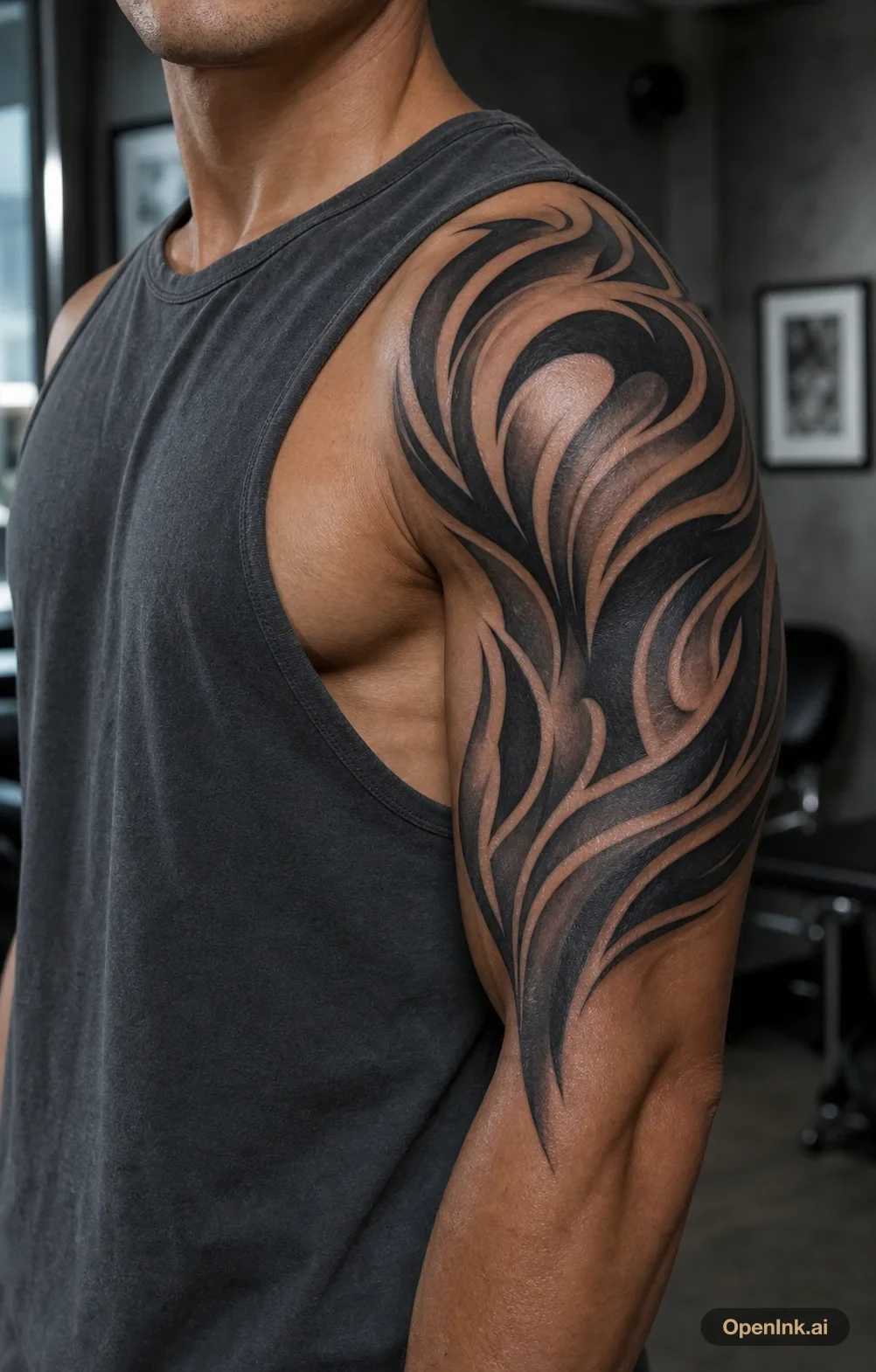 Neo tribal abstract shoulder armor tattoo on the right shoulder.