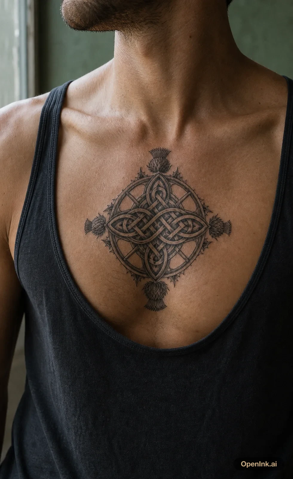 Celtic shield knot tattoo centered high on the chest.