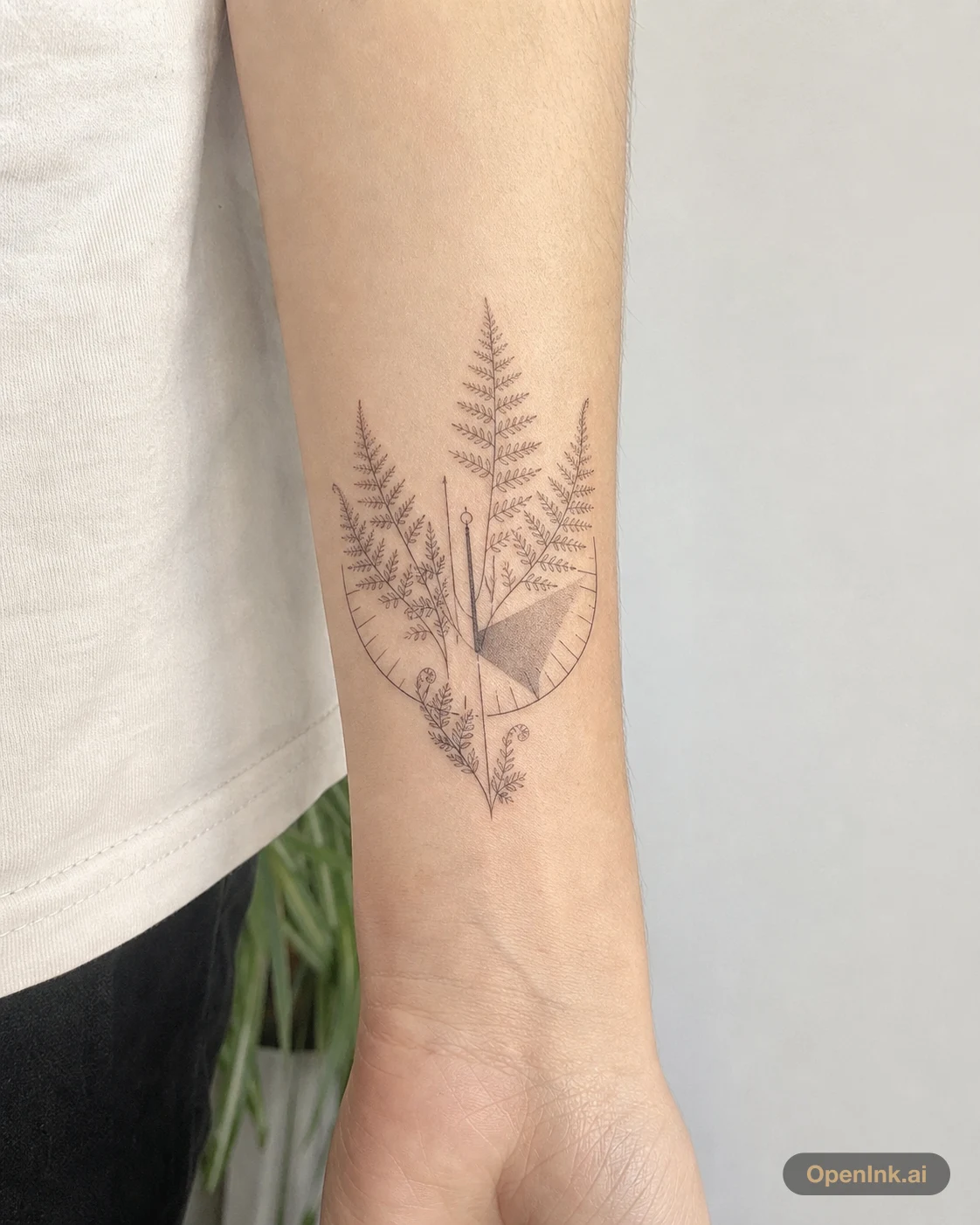 Fine line fern sundial forearm tattoo.