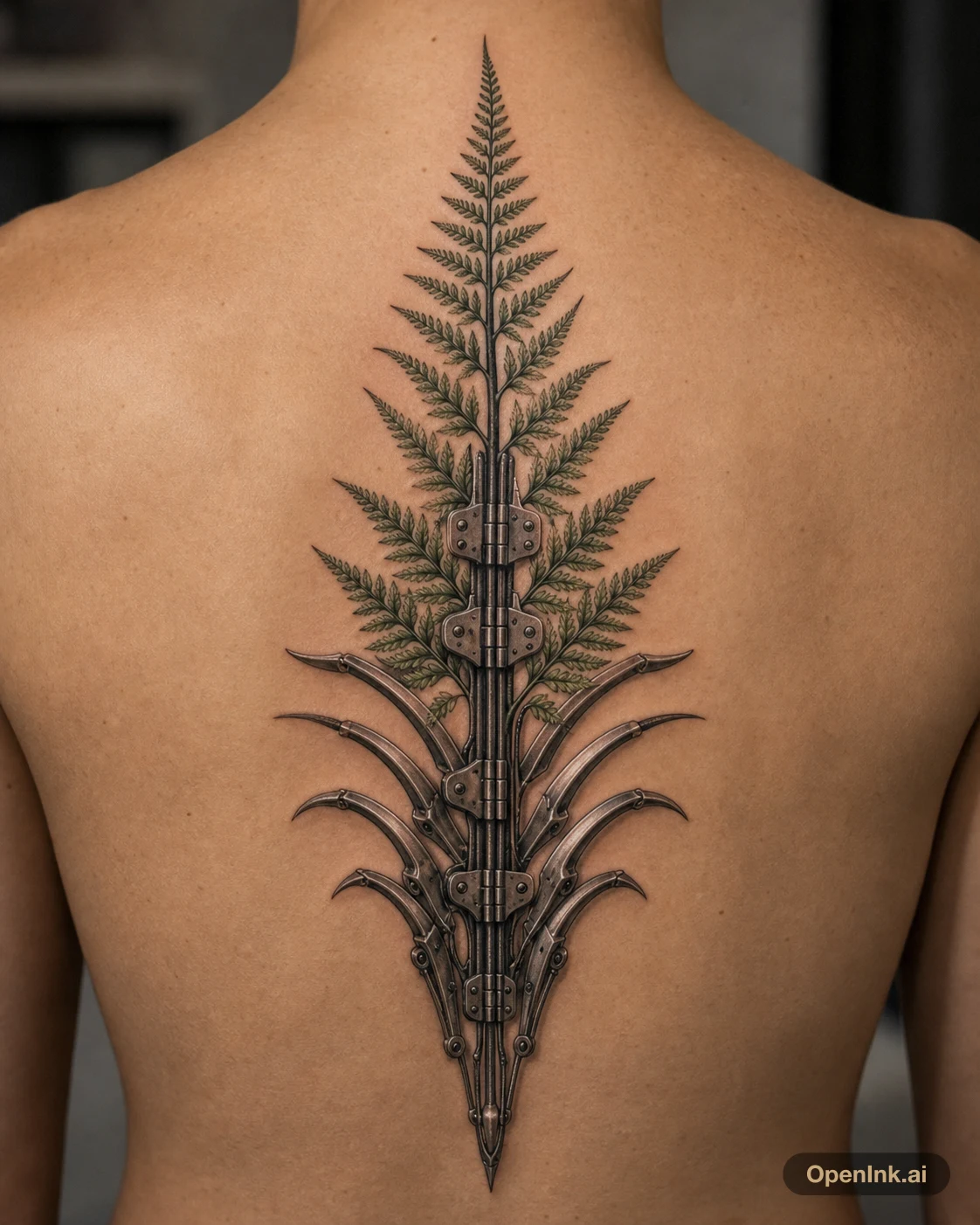 Biomechanical Fern Spine full back tattoo