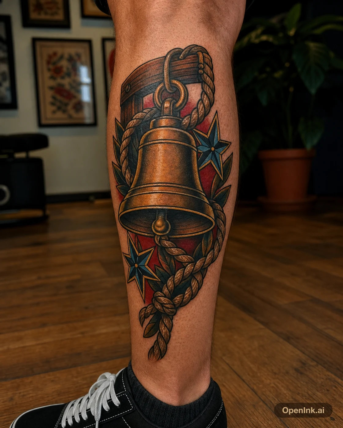 Brass Bell And Stars calf tattoo