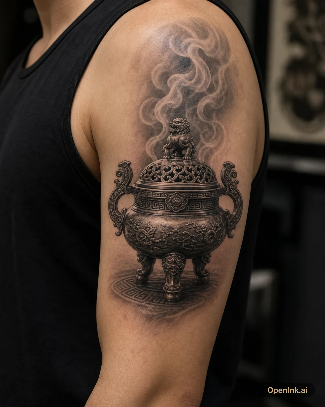 Incense Urn Smoke upper arm tattoo