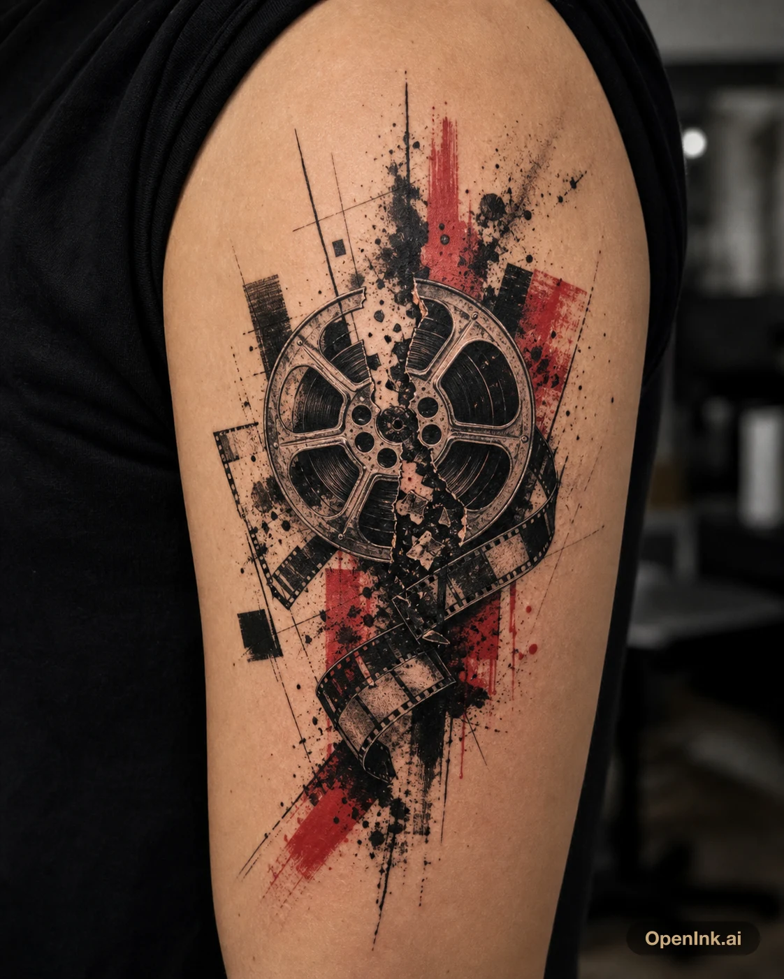 Fractured Gear Map upper arm tattoo