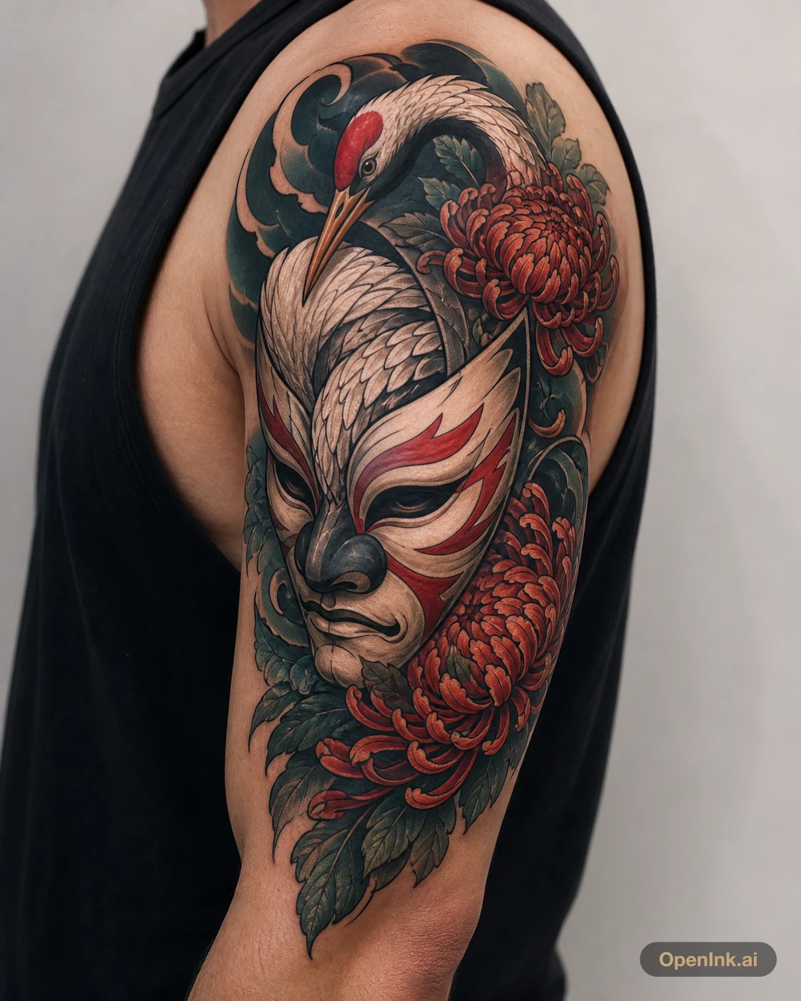 Crane Mask And Chrysanthemum upper arm tattoo
