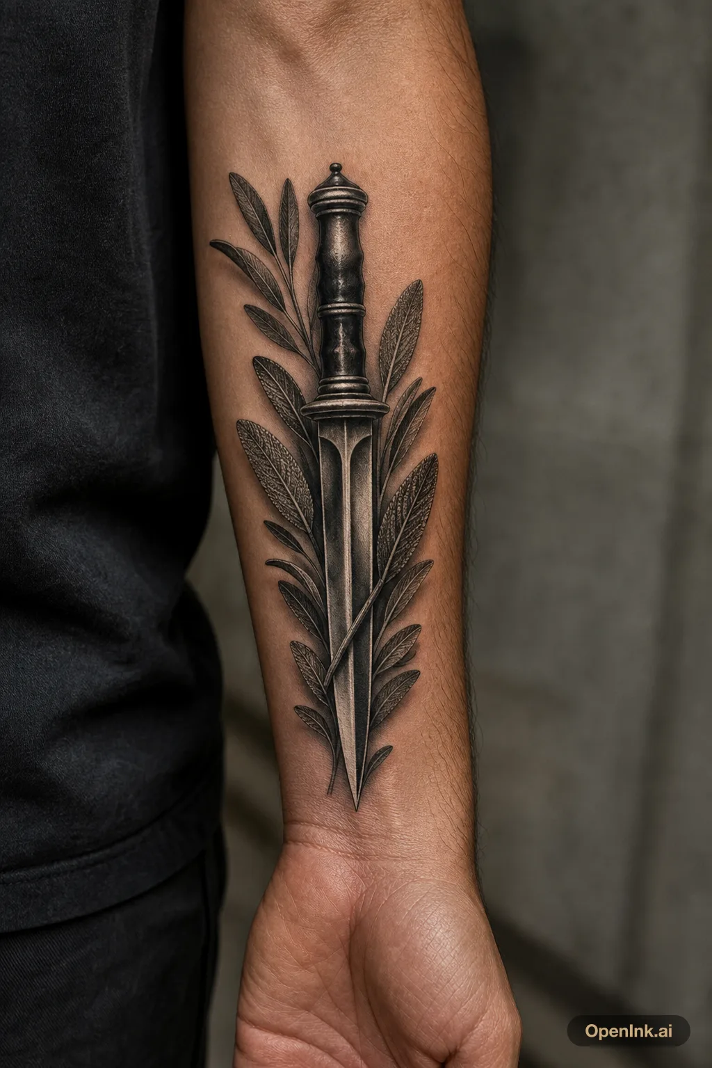 Blackwork dagger with olive branches on the forearm, sharp but not aggres...