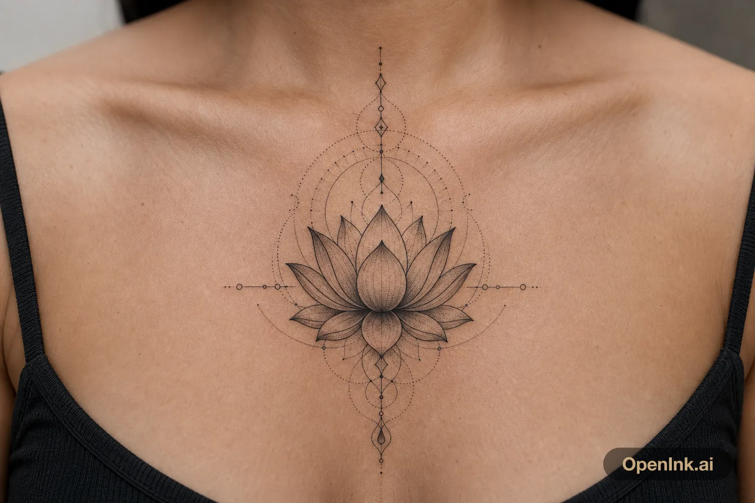 Lotus mandala across the sternum with fine geometry and soft dot shading.