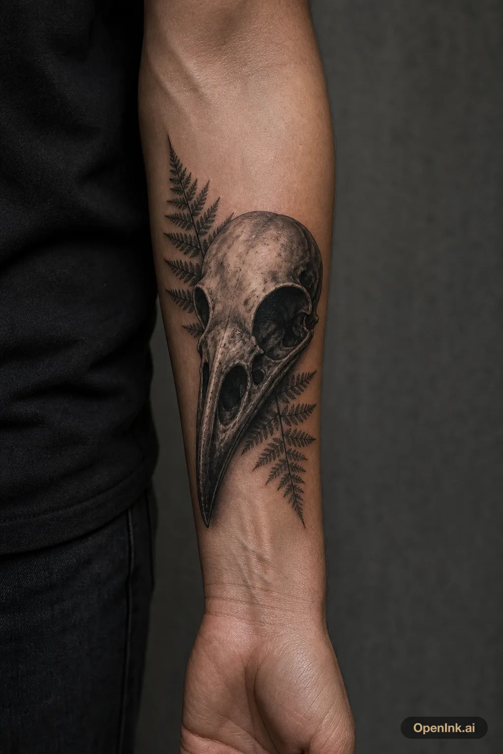 Raven skull with ferns on the forearm, dark but still clean.