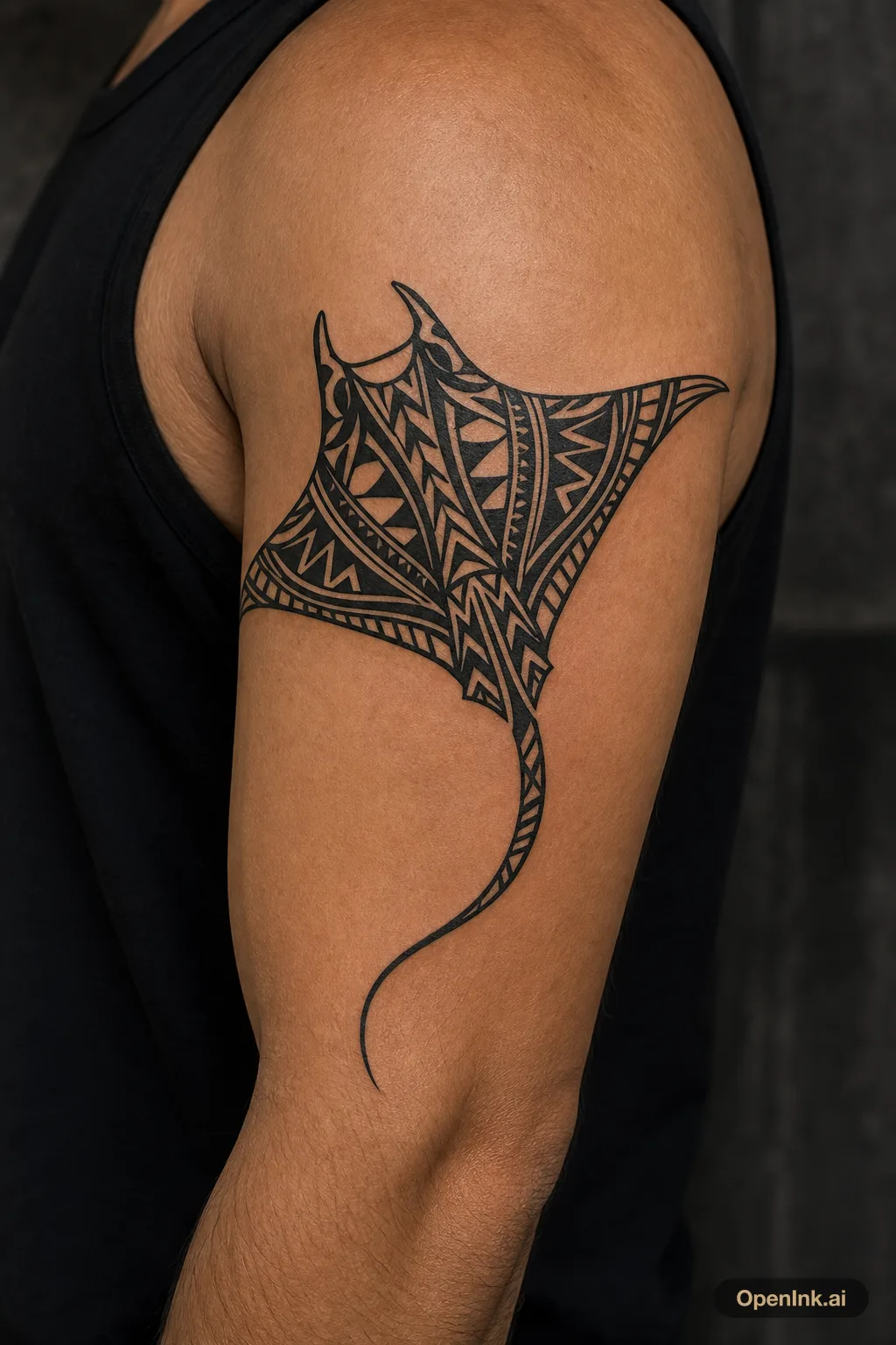 Polynesian-inspired manta ray on the upper arm with bold black pattern bl...