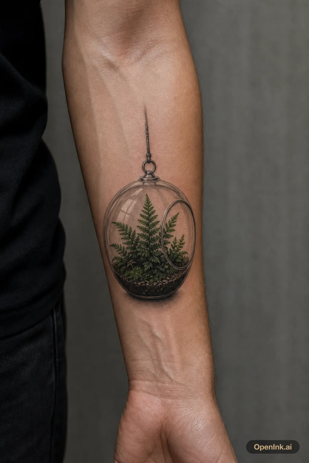 Glass terrarium forest hanging from the forearm, tiny landscape inside.
