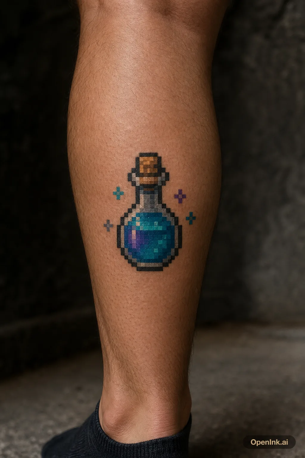 8-bit potion bottle on the calf, tiny retro game tattoo with bright pixels.